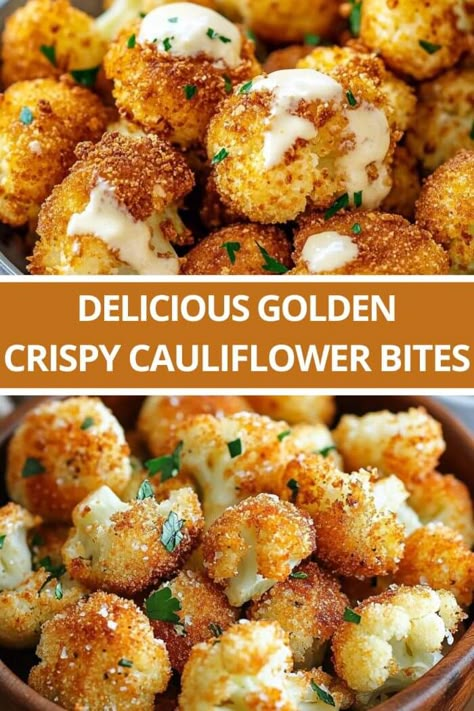 Golden Crispy Cauliflower Bites Cauliflower Appetizers Easy, Crispy Cauliflower Bites, Breaded Cauliflower, Vegan Grill, Baked Cauliflower Bites, Tailgate Foods, Cauliflower Roasted, Cauliflower Bake, Cauliflower Tots