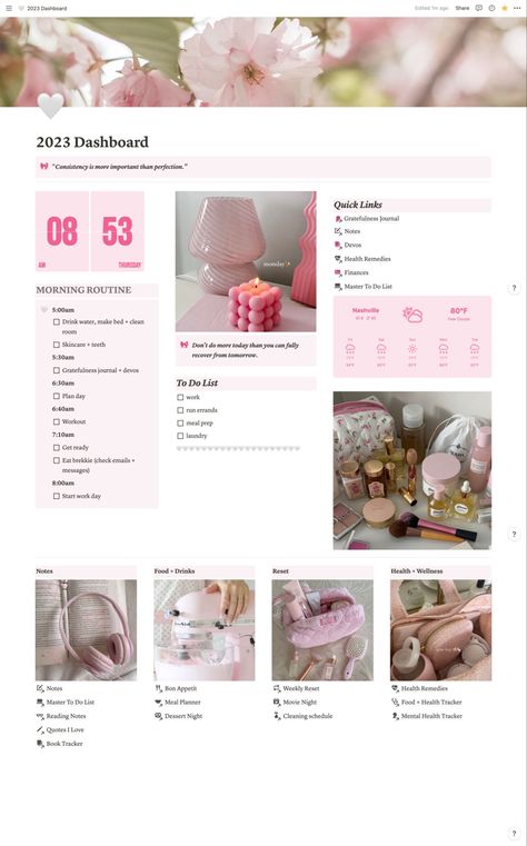 Organisation, Pink Notion, Studie Hacks, Aesthetic Notion, Notion Dashboard, Dashboard Template, Notion Template, Aesthetic Template, Trik Fotografi