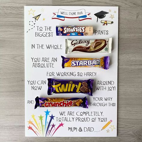 Key Features:Personalise with your chosen name and a special messagePacked full of childhood favouritesA great way to celebrate Features all your favourite choccy bars!The perfect gift to say congratulations! If you're looking for a new way to say congratulations on passing exams, then look no further! With our exclusive chocolate board say a big well done to them whilst rewarding them with their favourite treats. A perfect way to end the stress after a long period of working hard towards their goals! Including Smarties, Galaxy, Starbar, Twirl and crunchie!Personalisation:Personalise their board with a name in up to 12 characters and a message at the bottom in up to 65 charactersThe name can be changed to suit your preference.Personalisation will appear exactly as entered, please double ch Exam Congratulations, Chocolate Board, Exams Gift, Ways To Say Congratulations, Passed Driving Test, How To Pass Exams, Bar Exam, Say Congratulations, Congratulations Gift