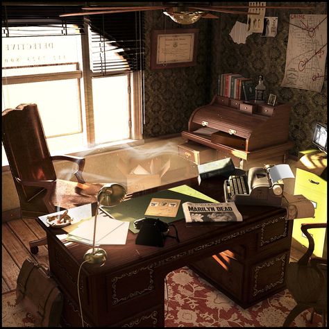 ArtStation - 70's Detective Office, Anton Freixas Private Detective Office, Detective Office Interior, Detective Background, Noir Detective Office, 80s Detective, Detectives Office, Detective Room, Noir Office, Office Reference