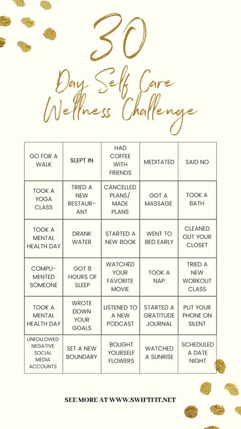 Swift Wellness' 30 Day Self-Care Challenge (with Downloadable PDF!) 30 Day Self Care, Wellness Challenge, Bingo Card, 30 Day Challenge, Card Challenges, Self Care Activities, Bingo Cards, Womens Wellness, Self Care Routine