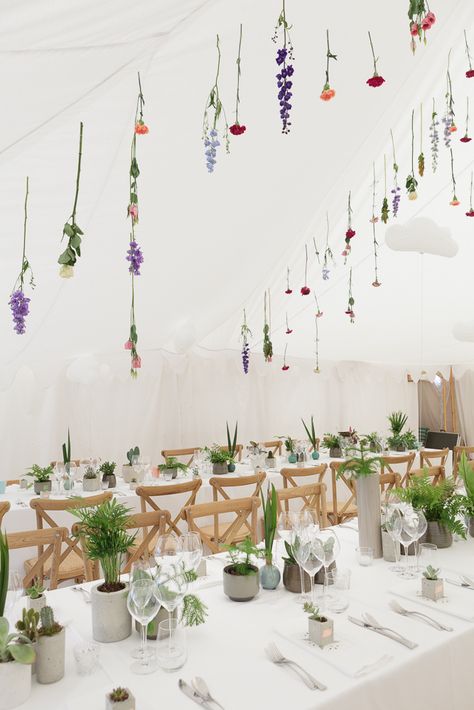 Hanging Light Wedding Decor, Hanging Flowers Fishing Line, Clear String Hanging Flowers, Hanging Flowers On String, Hanging Flowers On Fishing Line, Flowers Hanging Over Table, Hanging Florals Wedding Tent, Wedding Light Installation, Hanging Flower Table Decor