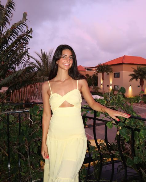 vacation outfit, dress, summer dress, long, yellow, maxi dress, yellow, maxi, linen dress, yellow dress on tan skin, vacation, yellow dress, linen, yellow dress, sunset, Aruba, photo pose, balcony photoshoot, Sunset background, island time, island, vacation, long, dark hair curled hair, summer hair, summer outfit, night out outfit, date night outfit, on the town outfit vacation dress perfect maxi dress purple sunset, yellow, vibe, nighttime aesthetic night, aesthetic, canon, G7, X flash photo, palm trees, air bnb  #aruba #hellomollydress #hellomolly #maxidress #papamiento #arubaonehappyisland #travel #travelblogger Balcony Photoshoot, Yellow Vibe, Nighttime Aesthetic, Photoshoot Sunset, Hair Curled, Summer Dress Long, Maxi Linen Dress, Town Outfits, Sunset Yellow