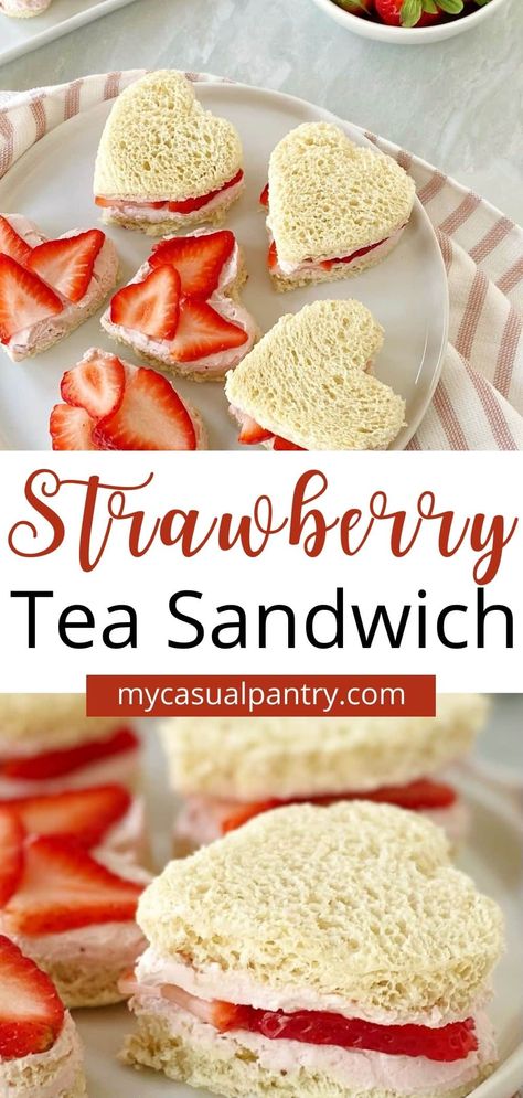 Strawberry Tea Sandwiches Recipe, Tea Party Picnic Food, Yea Party Brunch, Sweet Tea Sandwiches, Strawberry Cream Cheese Tea Sandwiches, Desserts For High Tea, Princess Tea Party Food Ideas, Strawberry Tea Party Ideas, Strawberry And Cream Sandwiches