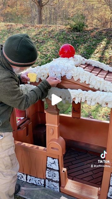 Jeff MacKay on Instagram: "DIY Gingerbread House (this house is for sale - message CaptainJeffMacKay@gmail.com if interested - located in OH) #diy #gingerbread #gingerbreadhouse #artsandcrafts #diy #playhouse #playhousemakeover #kidsplayhousemakeover #christmas #christmasdecor" Playhouse Christmas Decorations, Gingerbread House From Playhouse, Little Tikes Playhouse Gingerbread House, Kids Playhouse Gingerbread House, Playhouse To Gingerbread House, Playhouse Into Gingerbread House, Christmas Roof Light Ideas, Playhouse Decorated For Christmas, Gingerbread House Big