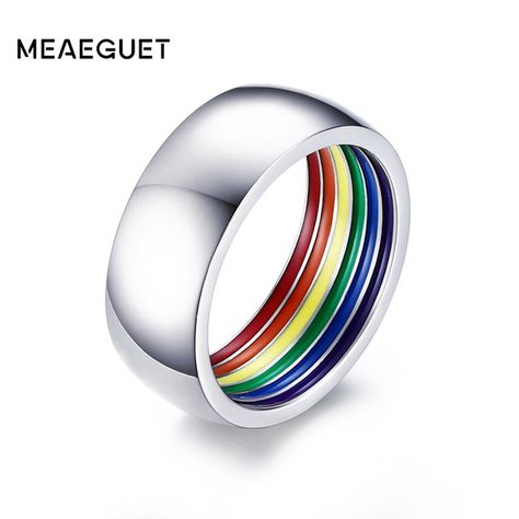 image Rainbow Interior, Stainless Steel Wedding Ring, Rainbow Ring, Shiny Rings, Pride Jewellery, Mens Stainless Steel Rings, Lgbt Wedding, Rainbow Rings, Gorgeous Ring