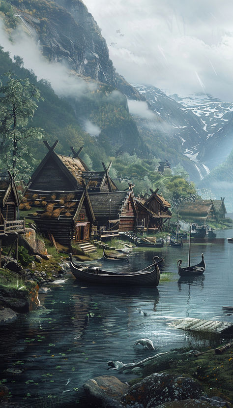 Viking Village Setting mountainside cottages longboats Fantasy Viking Village Concept Art, Viking Landscape Art, Norway Fantasy Art, Fantasy Viking Landscape, Viking Concept Art Environment, Viking Building Concept Art, Fantasy Sea Side Village, Viking Town Concept Art, Viking Village Art