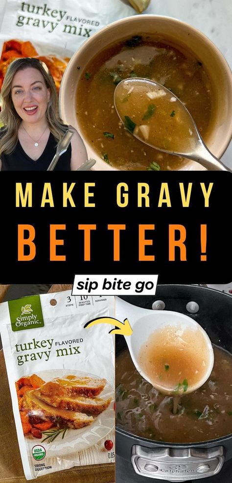 Before and after recipe images of turkey gravy packet with text overlay to make it better How To Make Jar Turkey Gravy Better, Gravy Packet Recipe, Kfc Gravy Recipe, Canned Gravy, Thanksgiving Gravy Recipes, Tomahawk Steak Recipe, Brown Gravy Packet, Country Gravy Recipe, Making Gravy