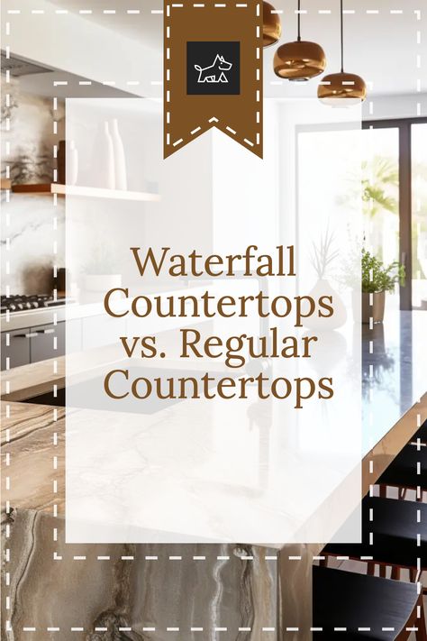 Learn about the durability and maintenance requirements of waterfall countertops versus regular countertops. This pin discusses how the design of waterfall countertops can affect their longevity and upkeep, compared to the typically easier maintenance of regular countertops. Laminate Countertops Waterfall Edge, Laminate Waterfall Countertop, Laminate Countertop Waterfall Edge, Waterfall Countertop Wood, Thick Waterfall Countertop, Vanity Waterfall Countertop, Waterfall Island Kitchen, Waterfall Countertop, Waterfall Island