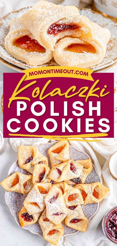 Kolaczki (Polish Cookies), christmas desserts, holidays Easy Polish Recipes Desserts, Jam Filled Christmas Cookies, Jelly Filled Christmas Cookies, Easy Jam Cookies, Klotchky Cookies Recipe, Christmas Cookies With Jam Filling, Jam Filled Cookies Recipe, Cookies With Jelly In The Middle, Hungarian Cookies Recipes