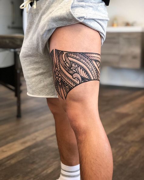 TATTOOS — Kiwi Burt Polynesian Leg Tattoo, Thigh Band Tattoo, Leg Band Tattoos, Tato Maori, Thigh Tattoo Men, Upper Thigh Tattoos, Tattoo Band, Geometric Sleeve Tattoo, Polynesian Tattoo Designs