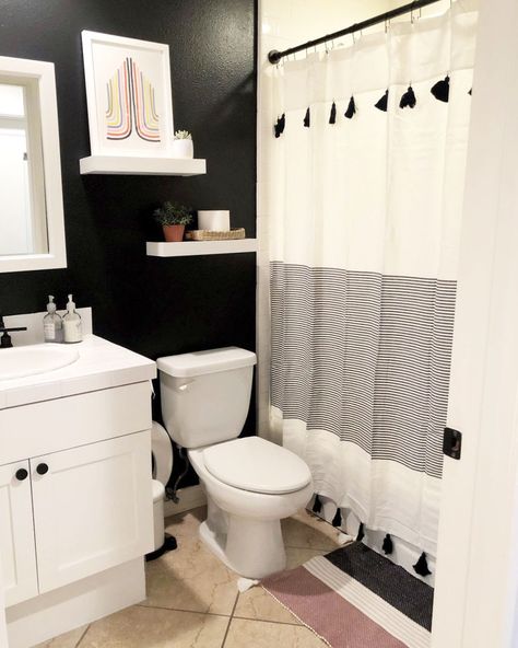 5 Inspiring Interiors Featuring Black Walls | Clare Small Bathroom Black Accents, Black Wall Small Bathroom, Small Bathroom Black Walls, Tiny Black Bathroom, Black And White Bathroom Paint, Black Wall Bathroom Small Spaces, Black And White Small Bathroom Ideas, Small Bathroom Wall Ideas, Small Bathroom Accent Wall