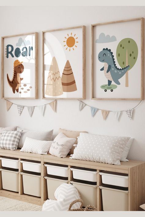 Introducing our whimsical and adventurous Dinosaur Nursery Prints!These nursery Prints make a perfect gift for baby showers, birthdays, or any occasion that celebrates the joy of childhood and the love for dinosaurs. They are not only appealing to children but also bring a touch of nostalgia and whimsy for adults too. Dinosaur Theme Bedroom, Boys Dinosaur Bedroom, Dino Nursery, Mustard Background, Dinosaur Room Decor, Themed Bedrooms, Dinosaur Prints, Dinosaur Bedroom, Dinosaur Room