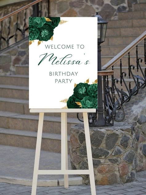 Editable emerald green and gold birthday welcome sign, perfect for your next birthday party or birthday dinner. This floral welcome poster can be edited yourself using Canva. Print at home or take completed file to your local print shop and have them print. Print size is 18x24.  All the wording is editable. Details: emerald green and gold birthday party welcome sign, floral design. Wording can be changed to accommodate all the great milestone birthdays such as 18th birthday 21st birthday, 30th birthday, 40th birthday, 50th birthday, 60th birthday and so on! HOW IT WORKS: ♥ Once purchased, you will receive a link that will take you to Canva.com where you will be able to edit the template. You will be able to edit wording, font, and font size,  Save your template and download. You can use th Black And Emerald Green Birthday Party, Green And Gold 70th Birthday, 21st Birthday Ideas Green And Gold, Emerald Green Birthday Party Ideas Simple, Emerald Green 50th Birthday Party, Green White And Gold Birthday Party, Emerald Green Birthday Decorations, Emerald Green And Gold Graduation Party, Green Table Decorations Birthday Parties