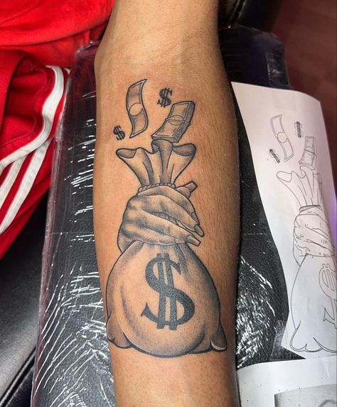 Women Cute Tattoos, Money Bag Tattoo, Tattoos Leg, Cute Thigh Tattoos, Matching Friend Tattoos, Gangsta Tattoos, Money Tattoo, Thigh Tattoos, Tattoos Women