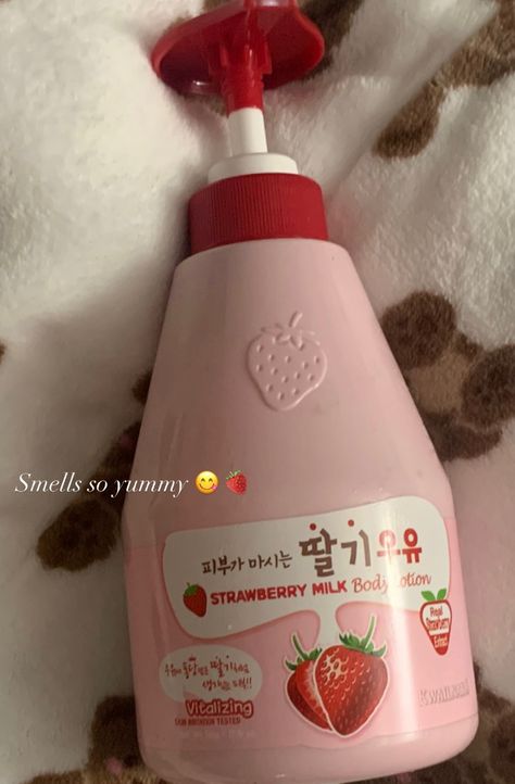 Yummy sweet strawberry lotion 🥰 Strawberry Shortcake Lotion, Strawberry Milk Body Lotion, Strawberry Body Lotion, Strawberry Mouthwash, Strawberry Moisturizer, Strawberry Milk Lotion, Strawberry Lotion, Yesstyle Products, Strawberry Shampoo