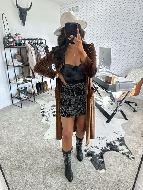 Fringe Mini Skirt Outfit, Velvet Cardigan Outfit, Velvet Duster Outfit, Leather Bustier Outfit, Black Western Boots Outfit, Nashville Bachelorette Party Outfit, Fringe Skirt Outfit, Bustier Outfit, Duster Outfit