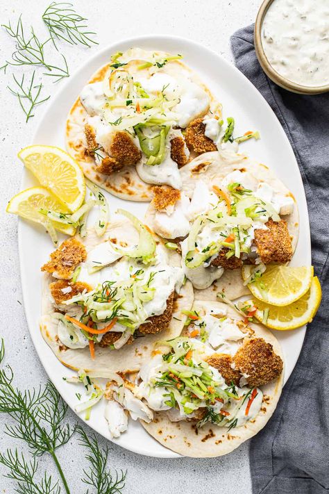 Air Fryer Fish Tacos - Fit Foodie Finds Air Fry Fish, Tatar Sauce, Air Fryer Fish Tacos, Crispy Cod, Homemade Slaw, Fry Fish, Corn Taco, Slaw Dressing, Fit Foodie Finds