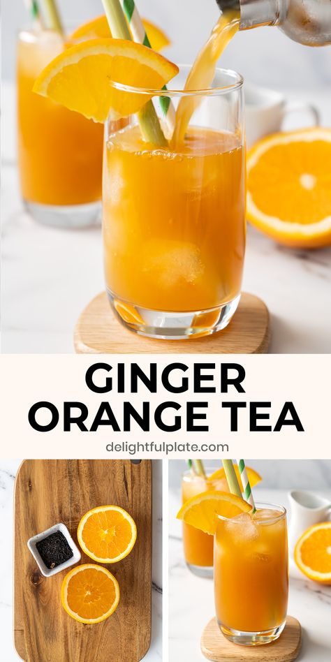 This Ginger Orange Iced Tea is fruity, sweet with a rich and bold flavor of black tea. This easy and tasty drink uses fresh orange juice. #orangetea #blacktea #drinkrecipes Ginger Iced Tea Recipe, Homemade Orange Juice, Ginger Iced Tea, Orange Juice Cocktails, Iced Tea Recipes Homemade, Orange Juice Recipes, Orange Juice Drinks, Homemade Iced Tea, Ginger Tea Recipe