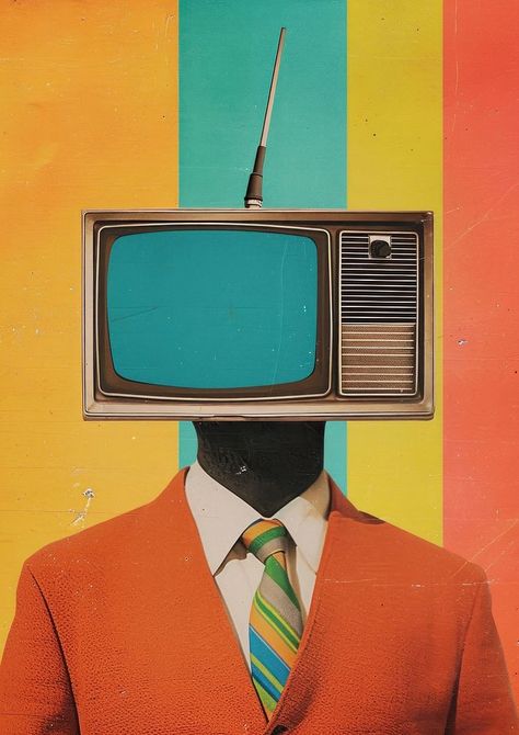 A man with a television on his head electronics accessories accessory. | premium image by rawpixel.com / Boom Reality Tv Aesthetic, Retro Tv Aesthetic, Tv Graphic Design, Television Drawing, Tv Head Art, Television Head, Tv Reference, Tv Collage, Computer Head