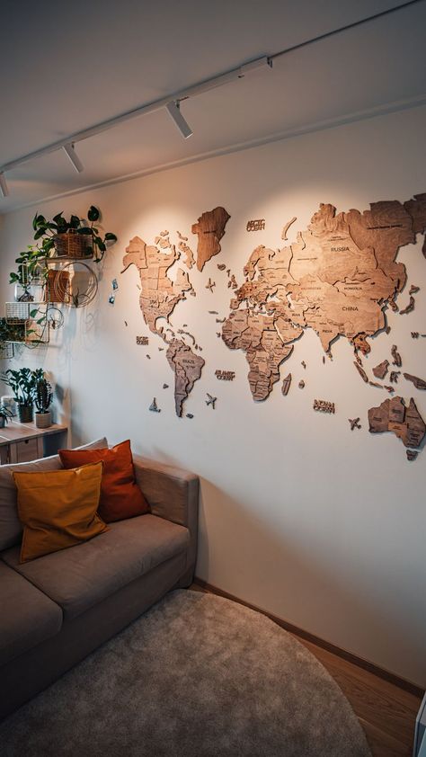 Travel World Map Wall Decor, Wooden World Map Wall Decor, Living Room Decor Travel Theme, Wooden Travel Map, Enjoy The Wood World Map, World Map In Living Room, World Map In Bedroom, Bedroom Map Decor, Travel Wall Inspiration