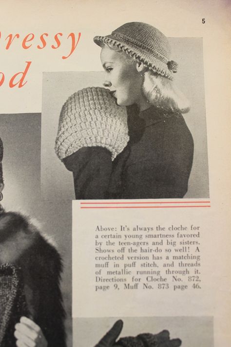 Free Pattern: 1947 Crochet Muff and Hat / Va-Voom Vintage | Vintage Fashion, Hair Tutorials and DIY Style Vintage Crochet Patterns 1940s, Crochet Hand Muff, 1940s Crochet, 1940s Hair, Hand Muffs, Crochet Wrist Warmers, Skating Outfit, Hand Muff, Homemade Items