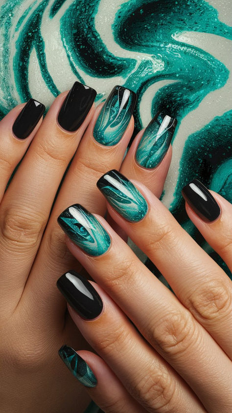 Make a statement with these mesmerizing long black nails adorned with shiny turquoise wavy elements! The sleek black backdrop highlights the fluid, eye-catching waves, creating a dynamic and modern look that’s perfect for any occasion. Whether you're at a beach party or a stylish soirée, these nails will catch everyone's attention and reflect your unique style. Ride the wave of fashion with this stunning nail art! 💅💙 Black Teal Nail Designs, Nails Black And Turquoise, Black And Turquoise Nails, Teal And Black Nails, Teal Black And White Nails, Black Teal Ombre Nails, Turquoise And Black Nails, Dark Teal And Black Nails, Long Black Nails