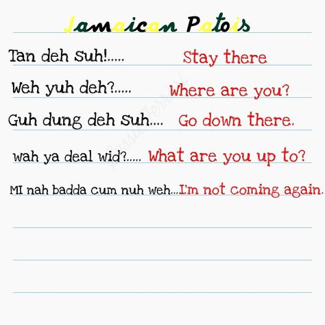 Jamaican phrases translated to English Patwa Language, Jamaican Slang Words, Jamaican Language, Patois Phrases, Jamaica Language, Jamaican Accent, Jamaican Phrases, Jamaican Patwa, Jamaican Words