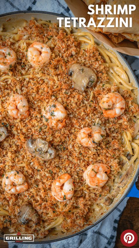 Crispy panko breadcrumbs with shrimp and mushrooms over creamy sauce with bucatini pasta Seafood Tetrazzini, Shrimp And Mushroom Pasta, Shrimp Mushroom Pasta, Creamy Shrimp And Mushroom Pasta Recipes, Creamy Shrimp Tortellini Alfredo, Bucatini Pasta, Easy Grilling Recipes, Easy Shrimp, Pescatarian Recipes