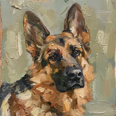 This oil painting captures the noble essence of the German Shepherd with rich texture and lifelike detail. The intelligent gaze and poised demeanor of this beloved breed are portrayed through masterful brushwork, highlighting the dog's loyalty and strength. Set against a subdued backdrop, the German Shepherd's features are accentuated, making it a captivating centerpiece for any room. Ideal for dog enthusiasts and art collectors Animals To Paint On Canvas, Realism Painting Acrylic, Things To Paint On Canvas Acrylics, Painting Ideas Dog, Majestic Paintings, Painting Of Dog, Lab Painting, Beautiful Animals, Paintings Of Dogs