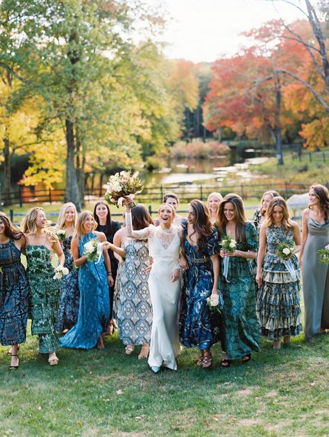 Mismatched Jewel-toned/teal bridesmaids dresses- girls all holding micro bouquets that compliment bride's bouquet

  Peach, champagne, soft greenery, cream, blush.  Peaches and cream dahlias! 

Floral Design: @hanafloral 
Photographer: Leila Brewster https://leilabrewsterphotography.com Blue Tone Bridesmaid Dresses, Fall Mix Match Bridesmaid Dresses, Mix And Match Blue Green Bridesmaid Dresses, Mixed Blue And Green Bridesmaid Dresses, Navy And Green Bridal Party, Blue And Green Bridesmaid Dresses Mismatched, Colorful Mismatched Bridesmaid Dresses, Dark Blue Bridesmaid Dresses Mismatched, Mixed Bridesmaid Dresses Fall