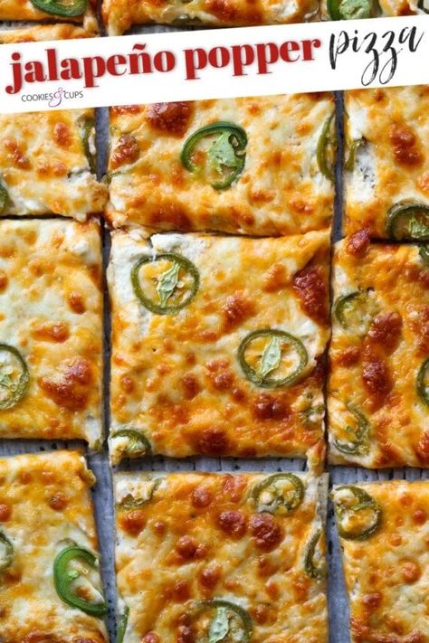 Jalapeño Popper Pizza is the ultimate party food mash up! You have the cheesy, spiciness from a jalapeño popper on top of a pizza crust. This is easy pizza recipe that everyone will love! #cookiesandcups #jalapenopoppers #pizza #mashup #partyfood #gameday Jalepeno Popper Pizza, Jalapeno Popper Pizza, Garbage Bread, Spicy Pizza, Cookies And Cups, Pizza Dough Recipe Easy, Brown Butter Chocolate Chip Cookies, Chocolate Chip Cookies Ingredients, Classic Appetizers