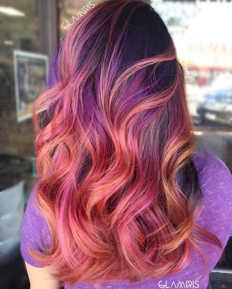 Maybe more of a rusty orange?? Strawberry Blonde, Pink And Purple Highlights Low Maintenance Vivid Hair Color, Mulberry Hair Color With Highlights, Vivid Ombre Hair, Violet Ombre Hair, Blonde Bayalage, Vivid Hair, Sunset Hair, Blonde Pink, Dyed Hair Pastel