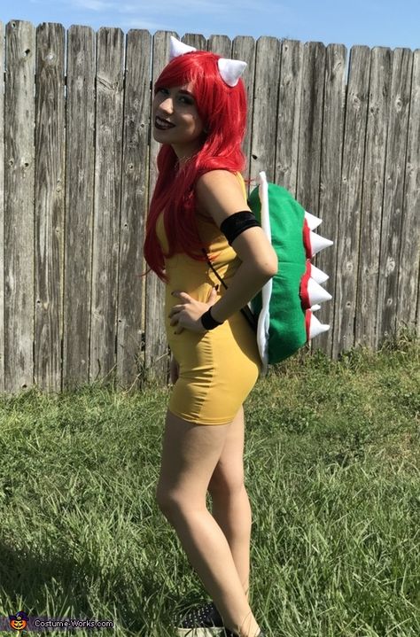 Women Bowser Costume, Womens Bowser Costume, Yoshi Halloween Costume Women, Female Bowser Cosplay, Bowser Costume Diy Women, Peach And Bowser Costume, Yoshi Costume Diy Women, Bowser Costume Female, Bowser Halloween Costume