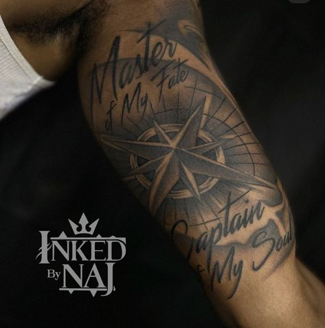 Inside Arm Tattoo Men, Inside Bicep Tattoo Mens, Outer Bicep Tattoos, Upper Arm Tattoos For Guys, Upper Shoulder Tattoo, Inside Bicep Tattoo, Arm Tattoos Lettering, Swag Tattoo, Inside Of Arm Tattoo