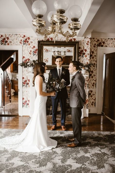 The Sweetest At-Home Elopement Inspiration You’ve Ever Seen Elopement Wedding At Home, Micro Wedding At Home Winter, Home Wedding Ideas Indoor Small Decor, Wedding At Home Ideas, Intimate Living Room, Apartment Wedding, Breakfast For Two, At Home Wedding, Church Wedding Flowers