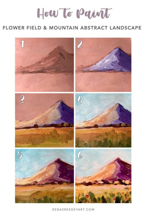 Landscape How To Paint, Oil Pastels Mountains, Mountain And Field Painting, Acrylic Mountain Painting Tutorial, Diy Landscape Art, How To Paint A Mountain, How To Paint Landscapes Acrylics, How To Paint Mountains Acrylics, How To Paint A Landscape