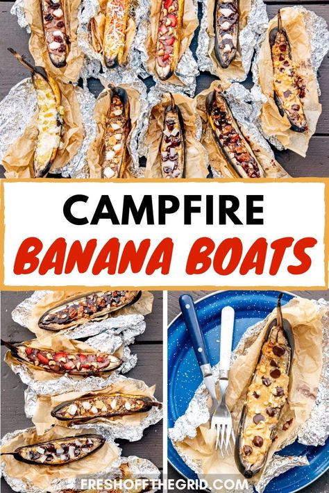 Campfire Banana Boats are a fun camping dessert for kids AND adults! We'll teach you how to make this classic campfire dessert and share 9 creative filling ideas. Banana Boats Camping, Camping Lunch Ideas, Campfire Banana Boats, Banana Boat Recipe, Campfire Dessert, Campfire Bananas, Foil Meals, Dessert For Kids, Camping Dessert Recipes