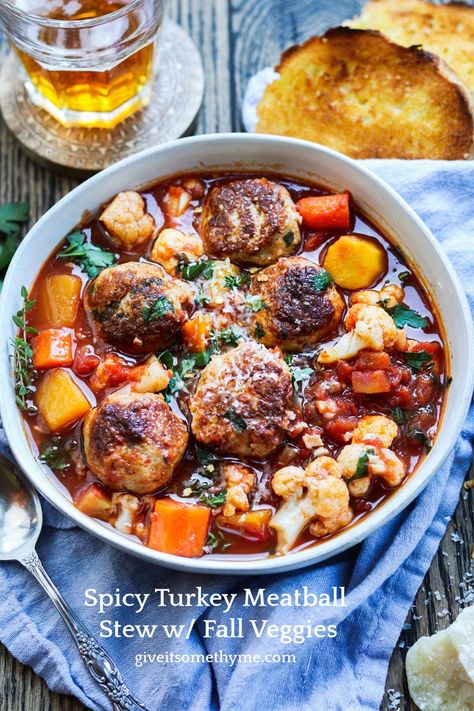 Spicy Turkey Meatball Stew w/ Fall Veggies – Healthy, fall comfort food! A one-pot, tomato-based stew loaded with tender turkey meatballs, butternut squash, carrots and cauliflower! #turkeyrecipes #turkeymeatballs #stews #fallrecipes #healthydinners #mealprep #freezerfriendly #onepotrecipes #onepotmeals #gamedayfood #giveitsomethyme | giveitsomethyme.com Turkey Meatball Soup, Turkey Meatballs Healthy, Meatball Stew, Spicy Turkey, Turkey Meatballs Baked, Turkey Meatball, Fall Veggies, Turkey Meatball Recipe, Meatball Recipes Easy