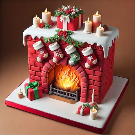 Cakes That Look Like Food, Homemade Christmas Cake, Festive Fireplace, Easy Christmas Cake Recipe, Christmas Cake Designs, Christmas Cake Recipes, Brick Texture, Cozy Design, Charming Christmas