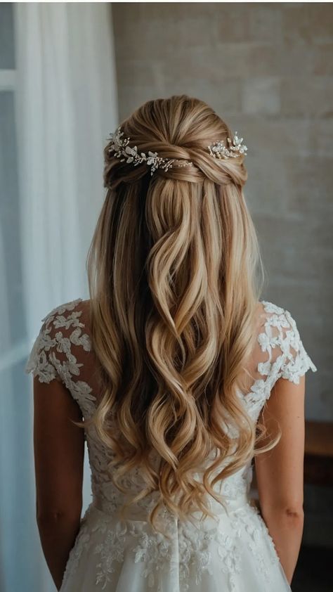 Half Up Half Down Wedding Hair Jewelry, Wedding Hairstyles For Spaghetti Straps, Curled Wedding Hair With Veil, Shoulder Length Bride Hair, Wedding Hairstyles For Long Hair Tiara, Wedding Hairstyles For Long Hair Veil, Simple Wedding Hairstyles With Veil, Hairstyles For Wedding Simple, Bridal Hair Half Up Half Down With Veil