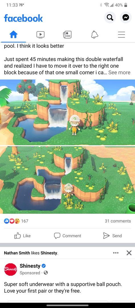 Acnh Pond Design Ideas, Acnh Waterfall Design, Waterfall Design Animal Crossing, Anch Ponds, Anch Waterscaping, Acnh Island Pond Ideas, Acnh Small Waterfall, Acnh Waterfall Idea Entrance, Water Fountain Animal Crossing