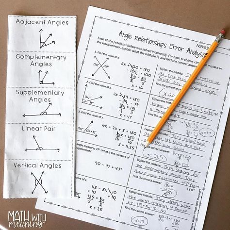 I love error analysis for review at the end of a unit! They’re great for helping students identify and correct common misconceptions. You… Adjacent Angles, Supplementary Angles, Angle Relationships, Error Analysis, Vertical Angles, Teaching Math, The End, The Unit, I Love