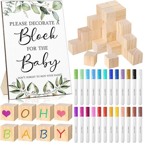 Amazon.com: Tatuo 75PCS Baby Shower Games Sign Kit Including Decorate a Block Game Sign 50PCS DIY Blank Wooden Block 24PCS Acrylic Paint Marker Baby Shower Prize for Game Winners Gender Reveal Party(Greenery) : Toys & Games Baby Shower Prize, Decorate A Block, Block Games, Boho Baby Shower Decorations, Games Sign, Baby Cubes, Fiesta Shower, Baby Shower Boho, Shower Prizes