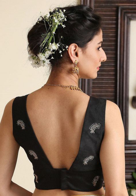 Embroidered Dupion Silk Blouse in Black Sleevless Saree Blouse Pattern Design, Sleevless Saree Blouse Back Designs, Black Saree Blouse Ideas, Blouse Patterns Back Side, Blouse Black Designs, Black Colour Blouse Designs, Black Blouse Designs Latest, Square Neck Blouse Designs, Black Blouse Design