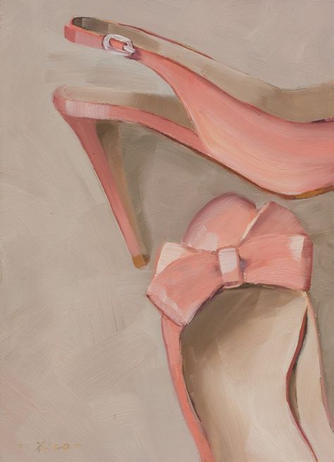 Janet Hill - Pink Heels Fashion Oil Painting, Heels Painting, Objects To Paint, Bow Painting Art, High Heel Painting, Oil Paint On Wood, Janet Hill, Shoes Illustration, Web Banner Design