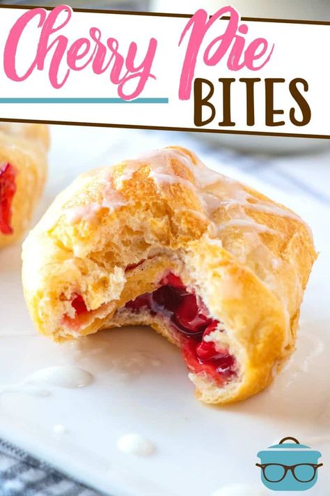 Cherry Pie Bites use simple ingredients like cherry pie filling and crescent rolls to make an easy, tasty dessert! Topped with an easy icing. Cherry Bites, Bites Desserts, Cherry Pie Bites, Easy Cherry Pie, Crescent Roll Recipes Dessert, Chocolate Pie Filling, Easy Icing, Canning Cherry Pie Filling, Pie Bites