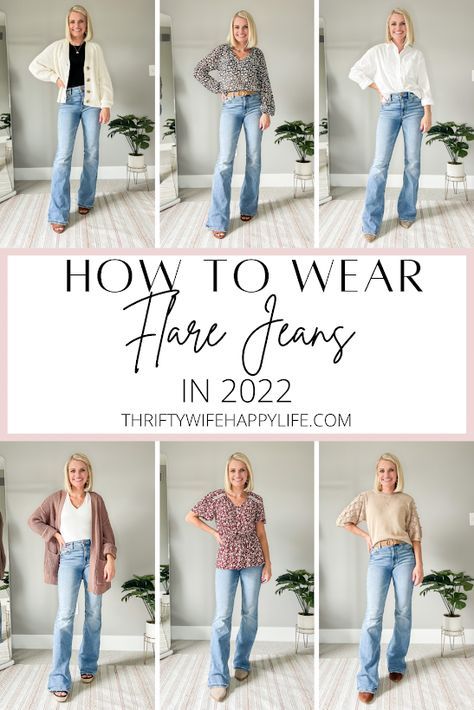 Women’s Outfit Inspiration, Womens Flare Jean Fashion, Fashion Outfits Jeans For Women, 2023 Fashion Essentials, Light Jean Flare Outfit, Women Flared Jeans Outfit, Flair Jeans Outfit 2023, Women’s Cute Casual Outfits, Same Jeans Different Outfits