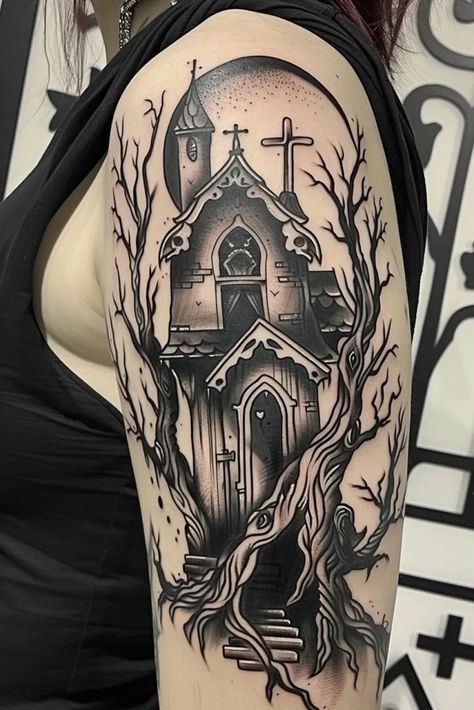 Meaning of a Haunted House Tattoo | 150+ Tattoo Design Ideas Witch House Tattoo, Dark Tree Tattoo, Spooky Tree Tattoo, Halloween Tattoo Sleeve, 150 Tattoo, Haunted Mansion Tattoo, House Tattoos, Haunted House Tattoo, Graveyard Tattoo