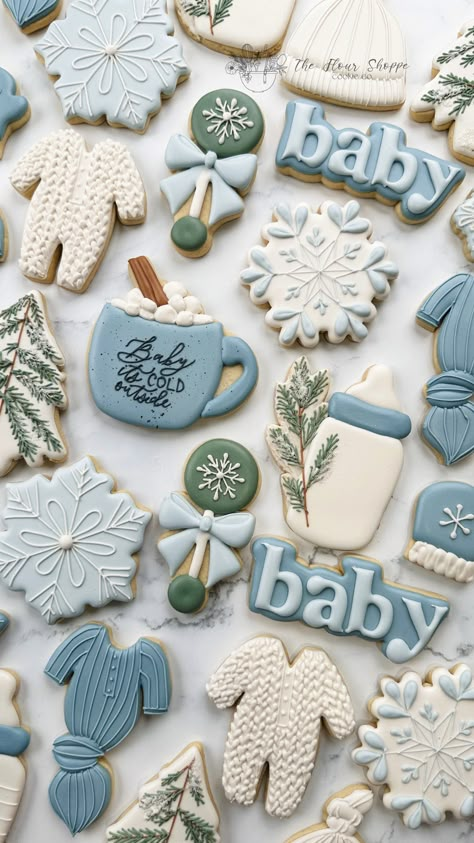 Winter Snow Baby it's Cold outside Cookies. Blue and green winter forest. Perfect for Baby Shower Party Favors, Desserts,and Food. Custom Decorated royal icing sugar cookies by The Flour Shoppe Cookie Co located in Omaha Nebraska Gender Reveal In January, Gender Reveal Theme Winter, Boy Baby Shower Winter Theme, Baby It’s Cold Outside Baby Shower Theme Girl Cookies, Winter Polar Bear Baby Shower Theme, Christmas Theme Baby Shower Ideas Boy Blue, Baby It’s Cold Outside Gender Reveal Ideas, Baby It's Cold Outside Baby Shower Cookies, Baby Shower Themes Winter Boy